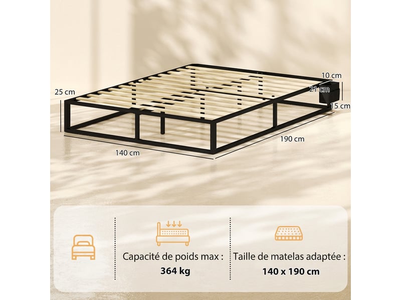  Cadre de lit 140 x 190 cm avec sommier, support à lattes en bois, lit double avec pochette de rangement, noir  - Conforama C