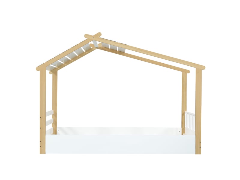  Lit cabane 90x200 cm, lit enfant pour chambre de garçon et fille style scandinave, en bois de pin massif et mdf, sommier à lattes, blanc et naturel  - Conforama D