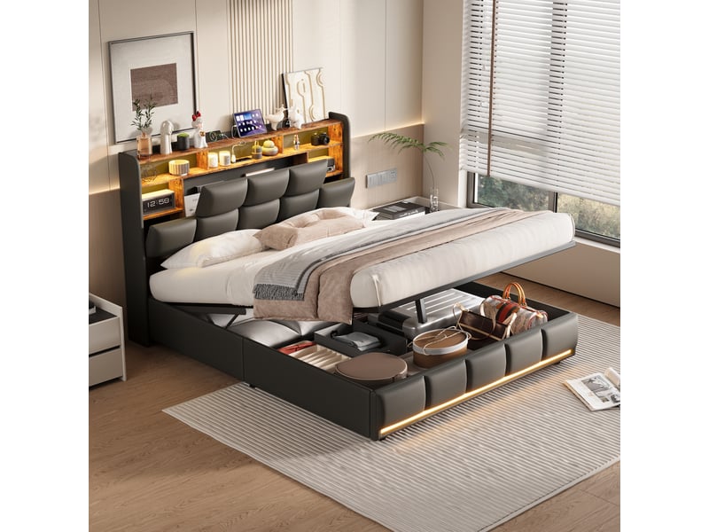  Lit double coffre - 140 x 190 cm-noir - en similicuir, avec tête de lit de rangement, led, station de charge et vérins hydrauliques  - Conforama D