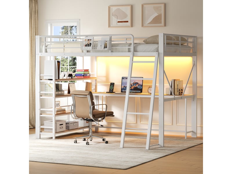  Lit mezzanine double 140×200 cm avec bureau, étagères, led et usb - okmyhome- blanc, sans matelas, métal et mdf  - Conforama C