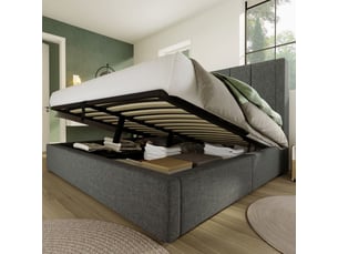 Lit coffre 160x200cm - 2 places pour adulte - gris - lin - station de charge usb et type-c - porte-gobelet caché