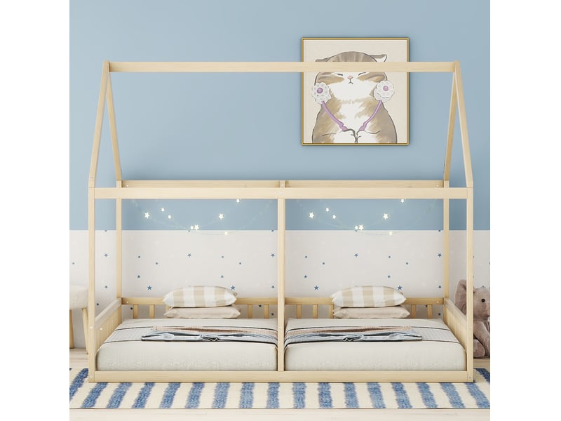 Lit cabane enfant 2 x 90 x 200 cm, 2 lits côte à côte, pin et mdf, naturel  - Conforama C