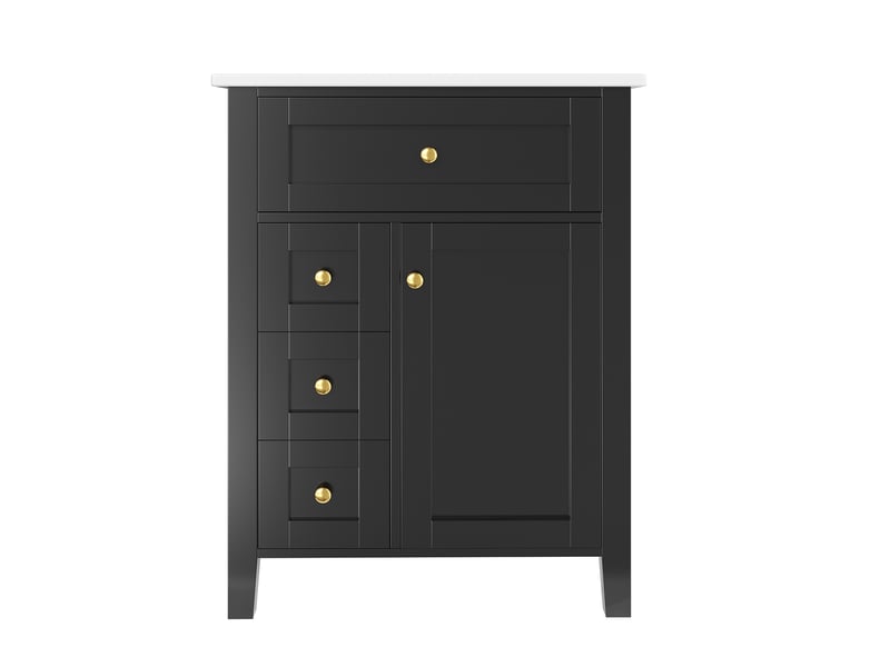  Meuble sous-vasque sur pieds 61 cm noir brillant, céramique et mdf, tiroir basculant, 3 tiroirs et porte fermeture douce  - Conforama A