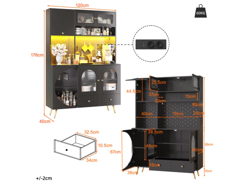  Buffet moderne led noir - colonne cuisine usb et prises, armoire perforée avec tiroir et étagères en verre  - Conforama C