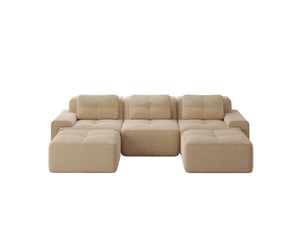 Canapé modulable 3 places en velours côtelé beige en u avec ottomans, confort profond et sans montage