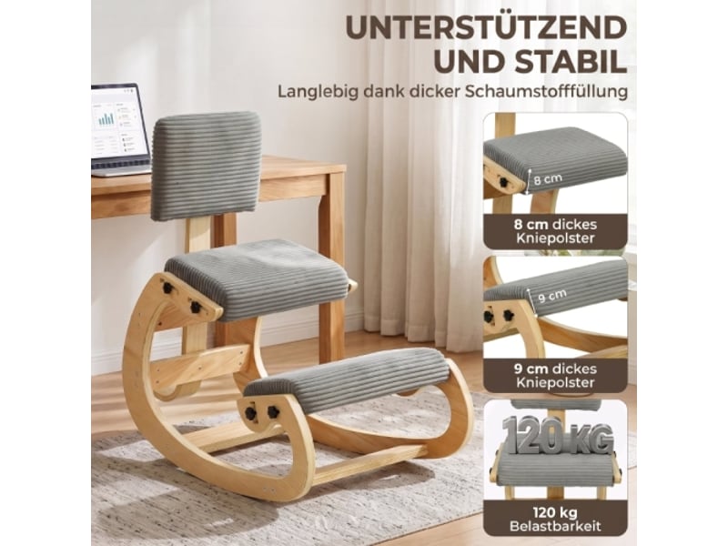 Chaise ergonomique à genoux avec dossier, velours côtelé gris foncé, pour bureau et méditation - Conforama C