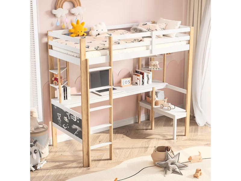  Lit mezzanine 90x200cm - lit simple enfant avec bureau et étagères - lit mezzanine en pin avec échelle - blanc et bois  - Conforama C
