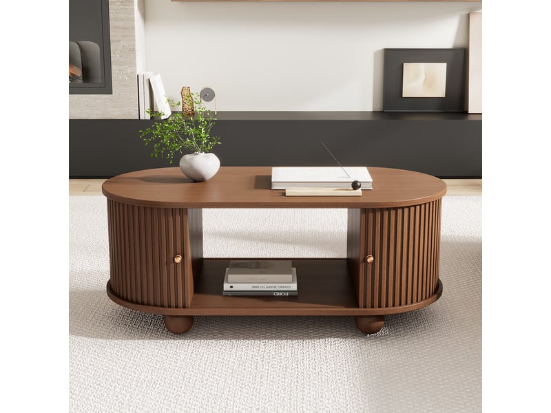  Table basse ovale en noyer avec portes coulissantes à 360 degrés 100x50x40 cm - rangement intégré  - Conforama D
