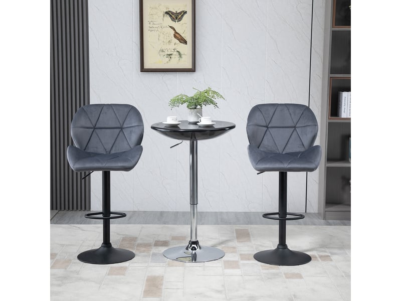  Ensemble 2 tabourets bar pivotants réglables, métal, velours, dossier, repose-pieds, 51,5x57,5x93-114,5 cm, gris.  - Conforama D