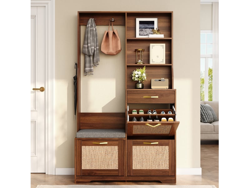  Vestiaire d'entrée ulevr avec banc et rangement chaussures, 100 x 30 x 170 cm, mdf noyer, 3 abattants  - Conforama B