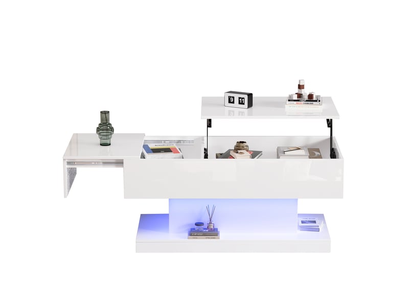  Table basse relevable blanche avec led 100x50x45 cm - plateau coulissant et rangement intégré  - Conforama A