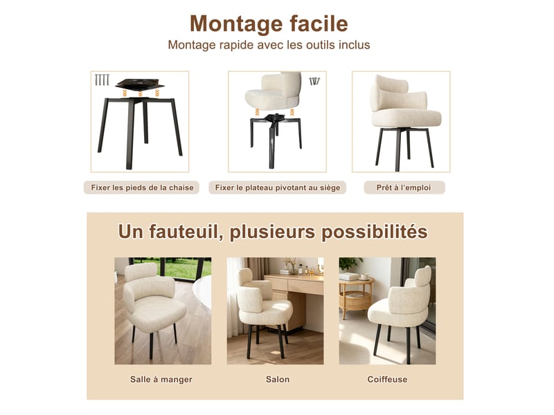  Chaise de salle à manger 56,5x46x89 cm pivotante 360° en métal et tissu couleur blanc crème, moderne  - Conforama D
