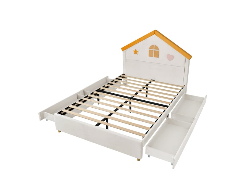  Lit 140 x 200 cm en velours avec 4 tiroirs - lit rembourré sommier à lattes et dossier - style enfant, beige  - Conforama A