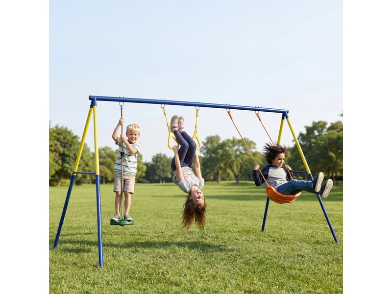  Portique balancoire exterieur enfants 3-en-1, siège de balancelle, 2 anneaux gymnastique et balançoire à disque  - Conforama B