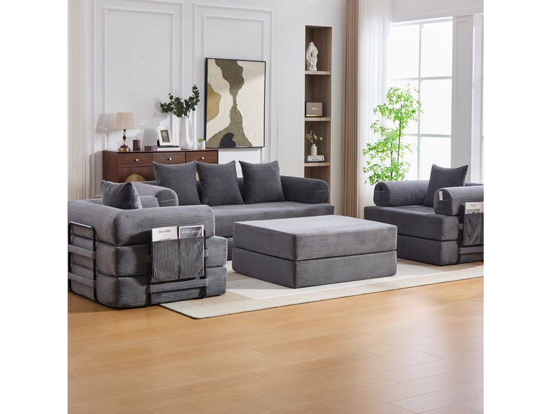 Canapé modulable 4 places avec pouf, coussins et poche latérale, à structure en métal, en tissu côtelé gris foncé - Conforama D