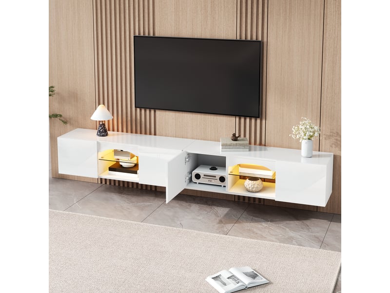  Meuble tv,200x30x28 cm,4 portes, 2 niches et éclairage led,blanc brillant  - Conforama B