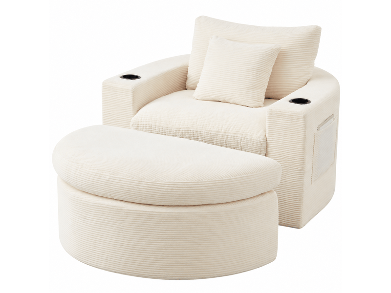  Fauteuil lounge  rond avec repose-pieds - rangement, porte-gobelet et coussins - velours côtelé - beige CozyNest - Conforama A