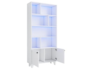 Bibliothèque 2 portes 7 compartiments led mdf et bois blanc 80x30x173 cm