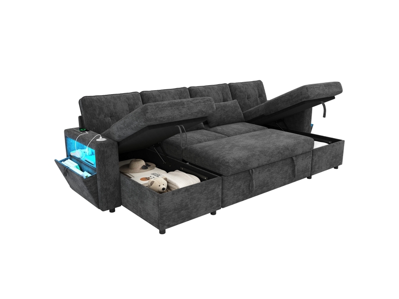  Canapé panoramique en u 4 places convertible avec rangements, ports usb, type c et led en chenille grise  - Conforama A
