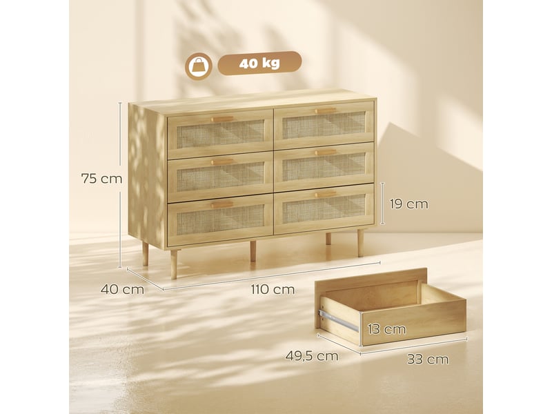  Commode 6 tiroirs avec cannage en rotin aspect bois clair 110 x 40 x 75 cm  - Conforama C