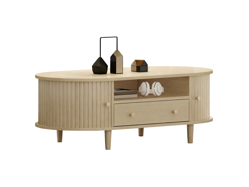  Table basse ovale 100x50x36 cm, pour salon, table de salon avec porte, rangement, avec tiroir, en mdf, bois clair  - Conforama A