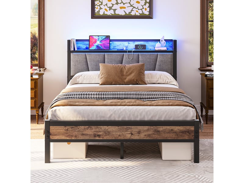  Lit connecté 140x190 avec éclairage led intelligent et station de charge usb,tête de lit rangement, structure métal robuste,brun(sans matelas） ABC - Conforama B