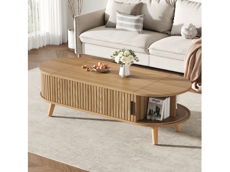 Table basse relevable 120x50x39,5 cm avec rangement, coloris bois naturel  - Conforama D