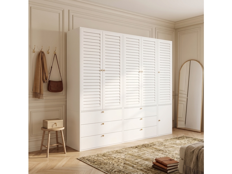 Armoire 5 portes à lamelles, 225 x 50 x 200 cm, 6 tiroirs et 3 penderies, blanche  - Conforama E