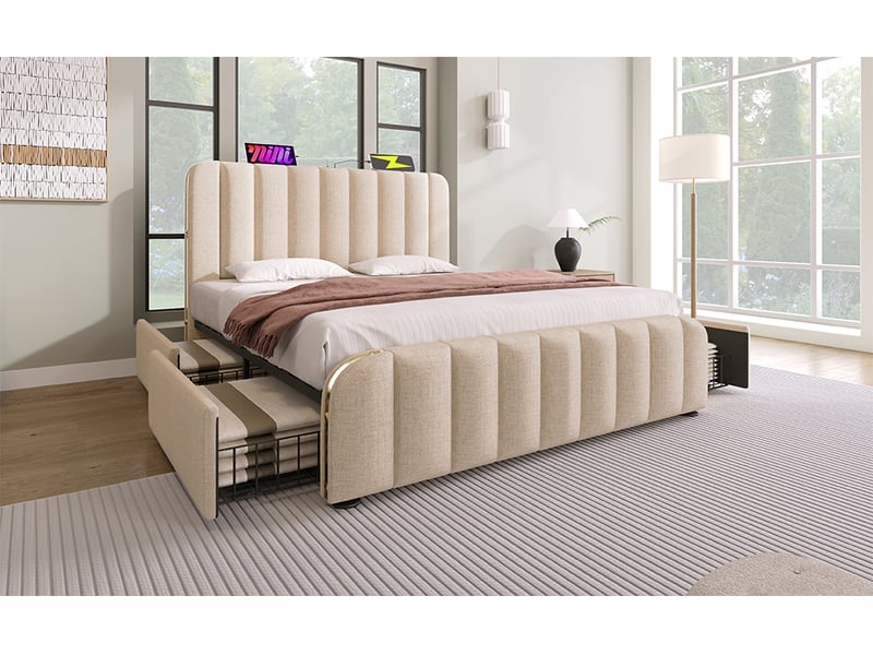  Lit double 160x200 cm en lin beige, tête de lit capitonnée, finition dorée, 4 tiroirs, ports usb-c, sans matelas  - Conforama D