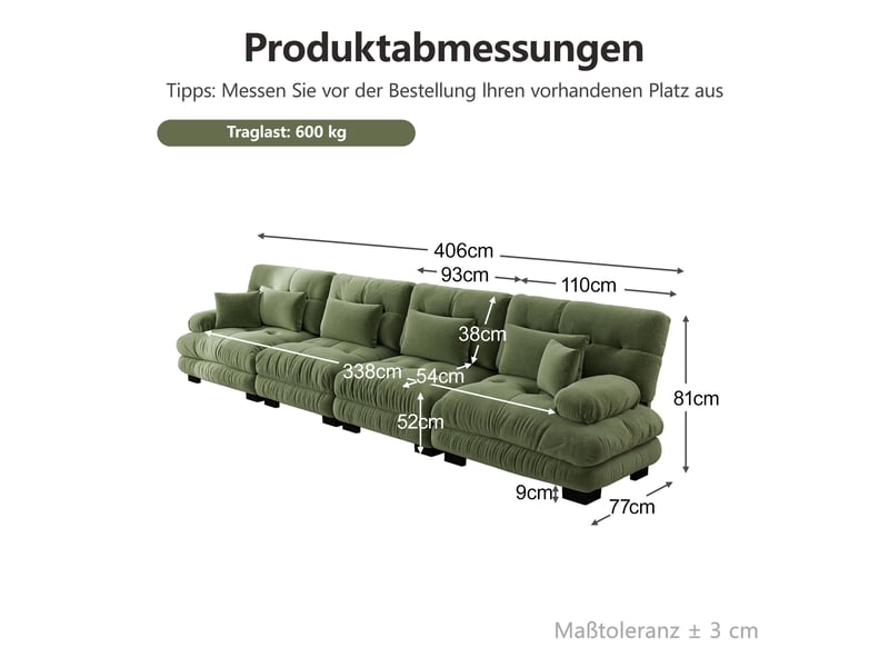  Canapé modulable droit 4 places, chenille vert, assise profonde  - Conforama C