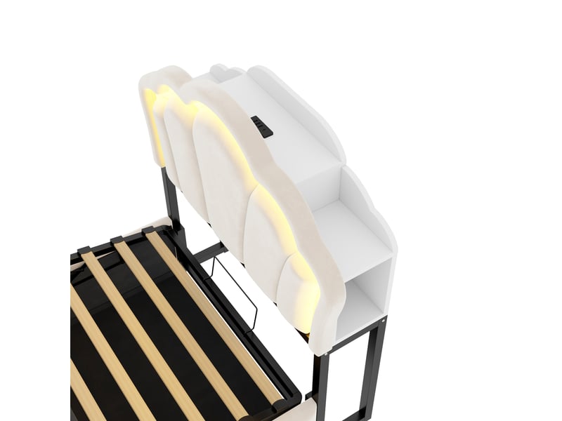 Lit coffre 90x200 cm - lit 1 place avec rangement hydraulique, tête de lit avec rangements, led et prises - velours - beige - Conforama W