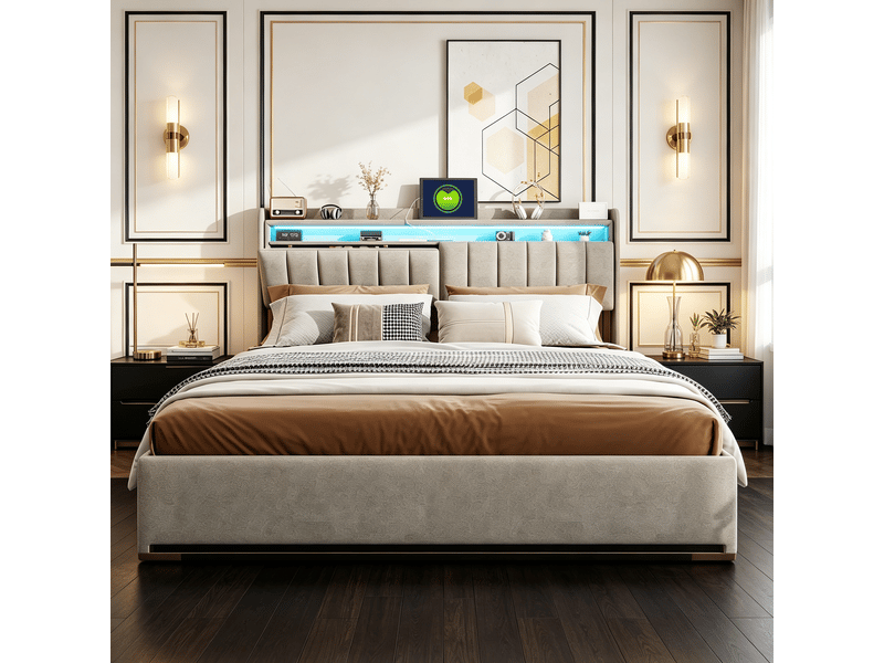 Lit double 160x200 cm avec rangement hydraulique et éclairage led - tête de lit usb, velours gris, sommier à lattes, structure renforcée 300 kg - Conforama C