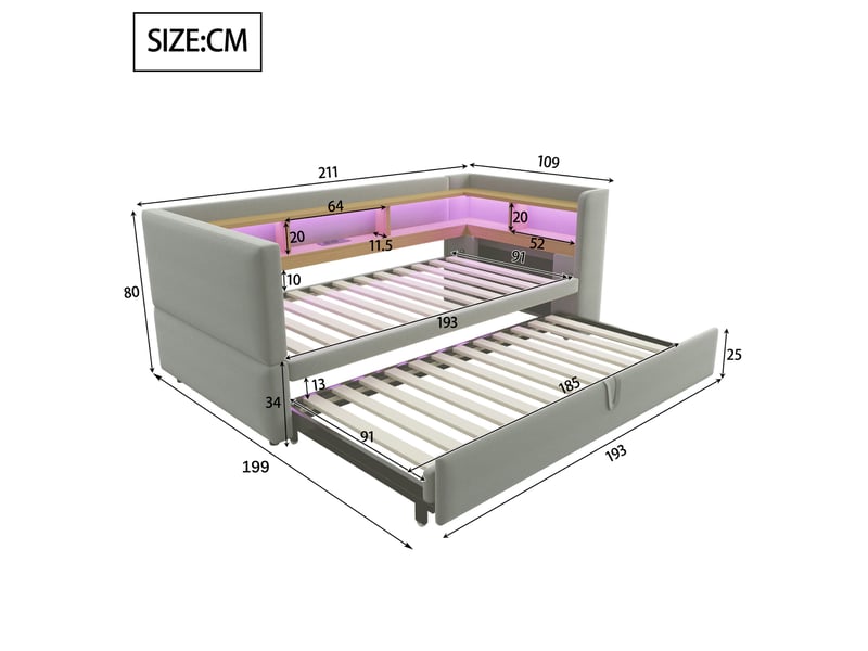 Canapé-lit extensible 90180 x 190 cm gris clair avec led, prises et rangements - Conforama E