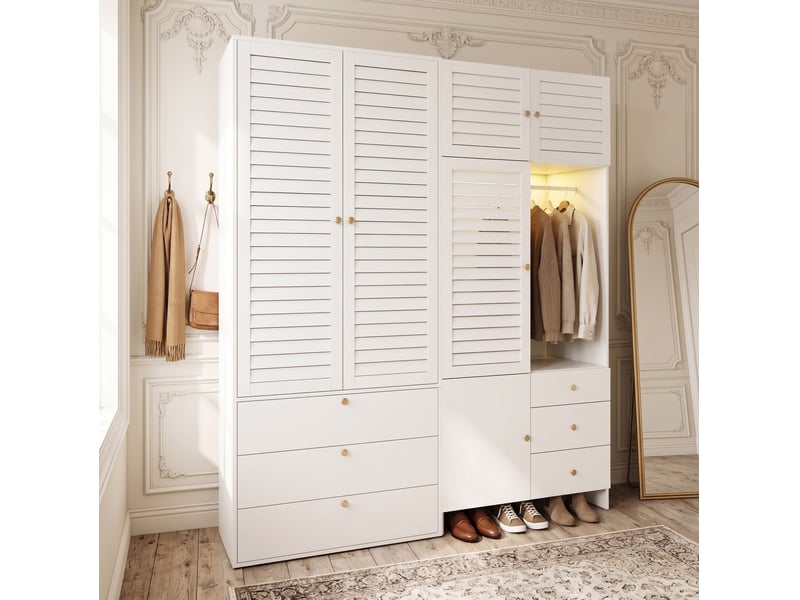  Armoire dressing adulte blanche 180 x 50 x 200 cm avec led, 2 tringles, panier à linge amovible et 6 tiroirs  - Conforama B