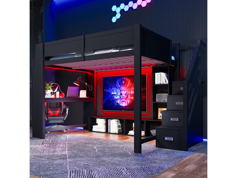 Lit mezzanine enfant 140 x 200 cm noir avec bureau, rangements, escalier et éclairage led - Conforama B