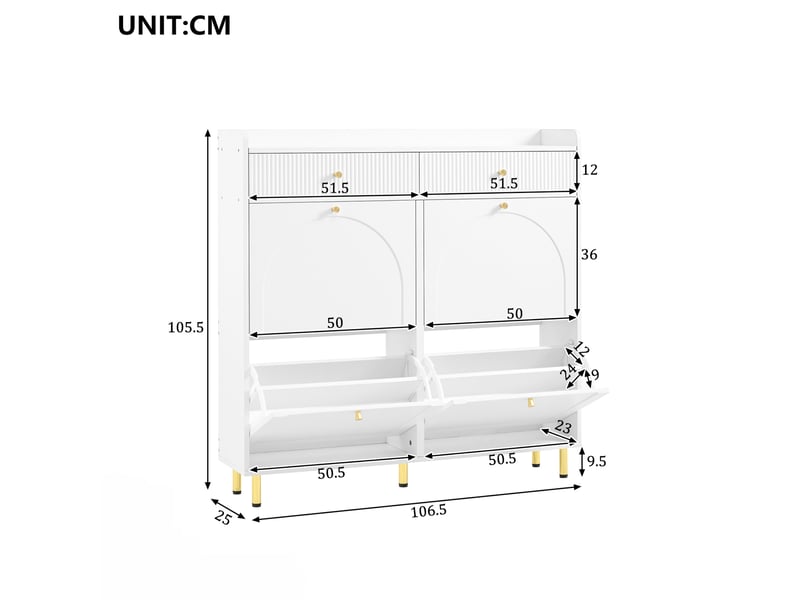  Meuble à chaussures étroit 106.5x25x105.5 cm, 4 abattants et 2 tiroirs, blanc  - Conforama E