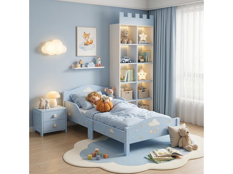  Lit enfant 70 x 140 cm, barrière de sécurité, motif nuage, bleu  - Conforama D
