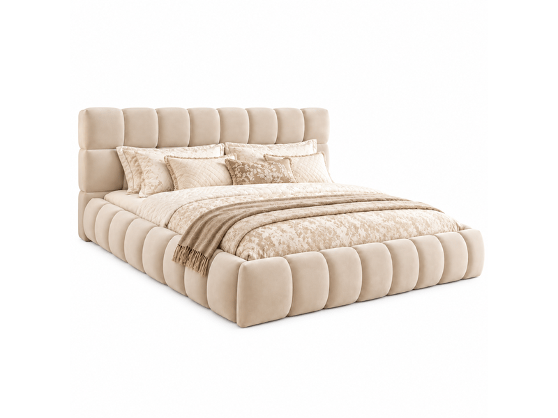  Lit double plateforme 180 × 200 cm en velours beige, tête de lit rembourrée, cadre bas et sommier à lattes Fay Lum - Conforama A