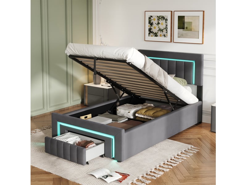 Lit simple 90 × 190 cm avec coffre hydraulique, led blanc chaud, 1 tiroir, sans matelas, velours gris - Conforama B