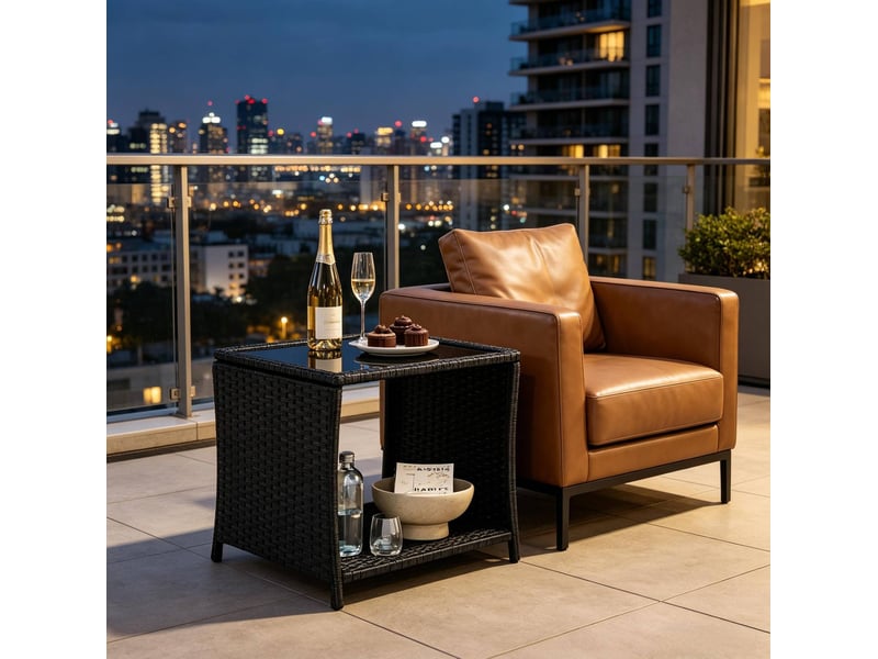  Table de jardin carrée noire en résine tressée avec plateau en verre et rangement ouvert, 45 x 45 x 40 cm  - Conforama E