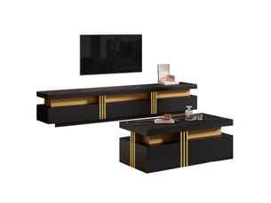 Ensemble meuble tv et table basse noir brillant effet marbre, meuble salon moderne pour tv 90