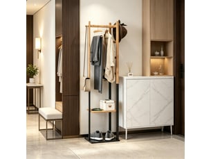 Porte-manteau - portant à vêtements en bambou, fabriqué en bois avec tringle, étagères, noir+naturel