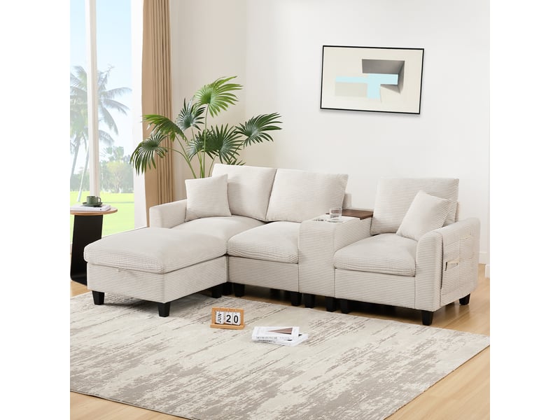  Canapé d'angle, canapé convertible, en velours tricoté, rangements dans les accoudoirs, porte-gobelets, design moderne, usb  - Conforama W