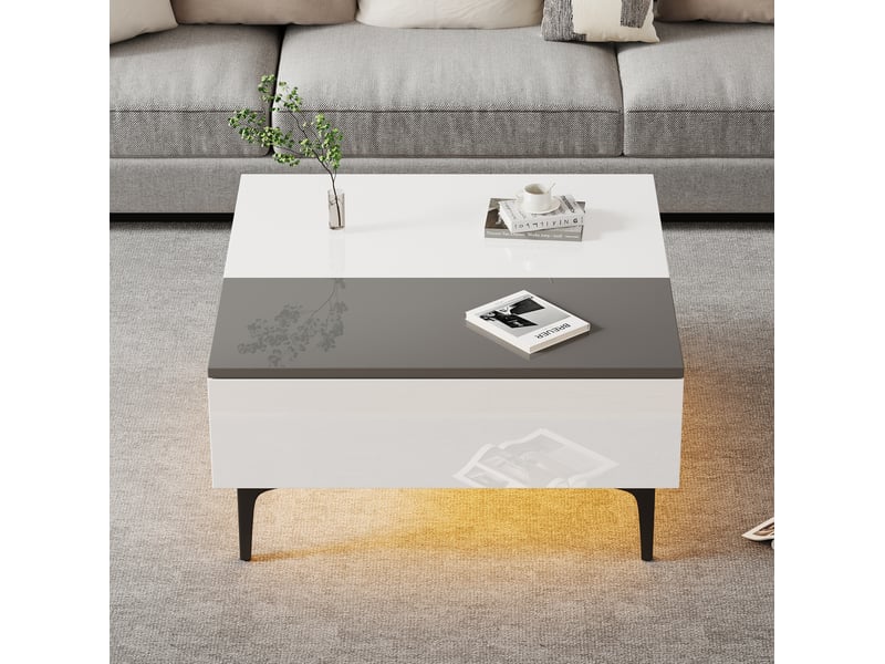 Table basse 70x70x35 cm relevable avec led et rangement blanc et gris  - Conforama D
