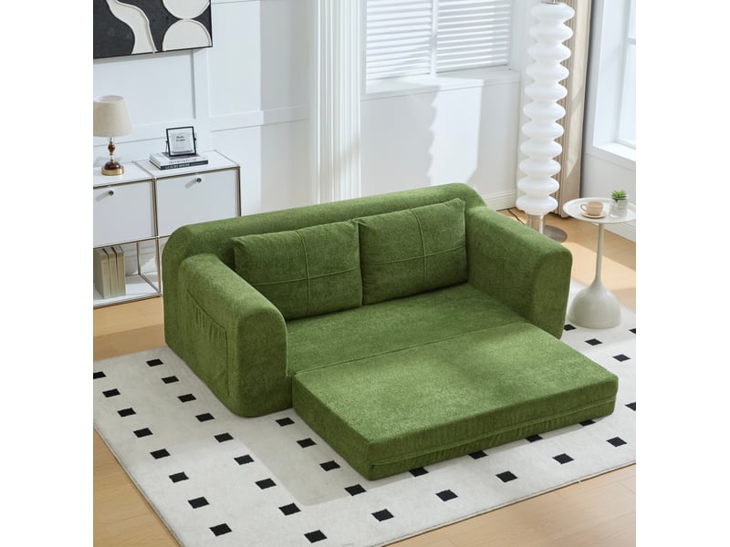 Canapé droit convertible 2 places en velours vert armée, sans montage, idéal pour petits espaces contemporains - Conforama E