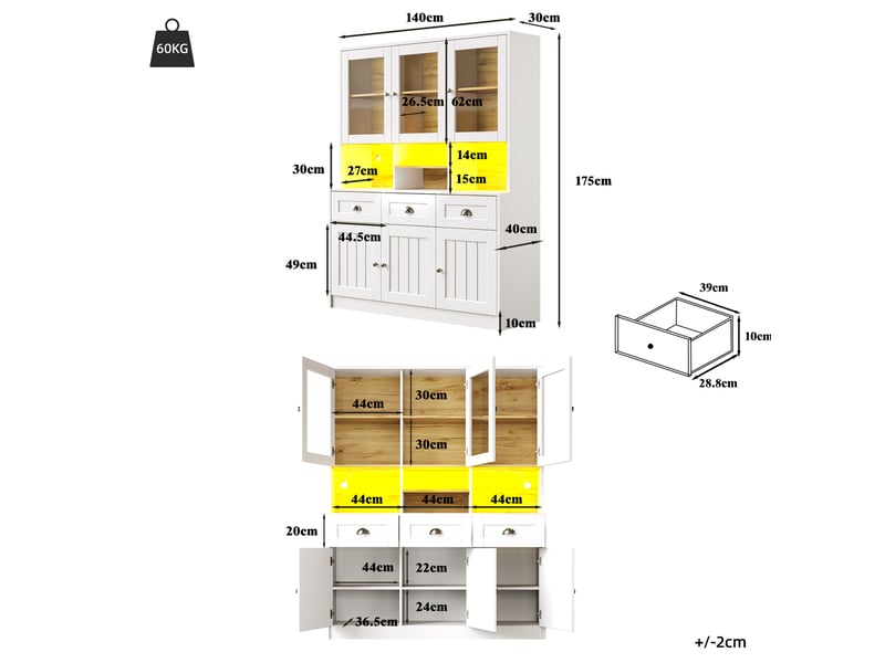  Buffet haut modenvie avec led 140 x 40 x 175 cm mdf blanc  - Conforama C
