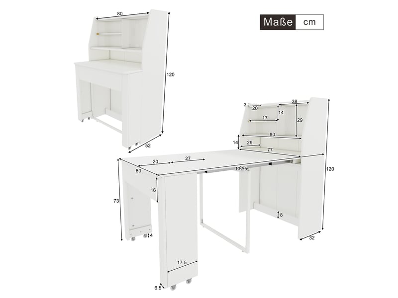  Table extensible, 52-132,5 x 80 x 120 cm (repliéedéployée), rangement intégré, panneau de particules, blanc  - Conforama C