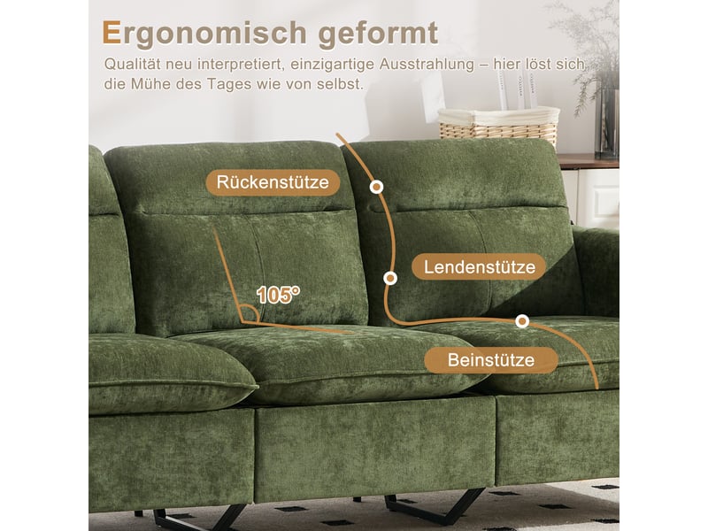 Canapé modulaire 4 places vert en chenille, deux poufs intégrés avec espaces de rangement dissimulés, style moderne - Conforama D