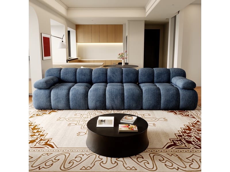  Canapé compressé 3 places 300x100x68 cm sans structure, sans montage, mousse haute résilience, assise profonde et large, tissu chenille bleu  - Conforama B