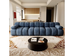 Canapé compressé 3 places 300x100x68 cm sans structure, sans montage, mousse haute résilience, assise profonde et large, tissu chenille bleu